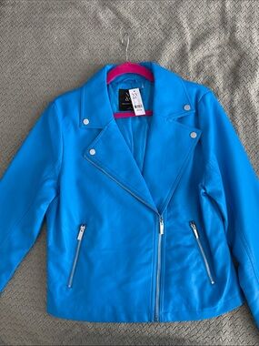New York & Company Bright Blue Faux Leather Moto Jacket